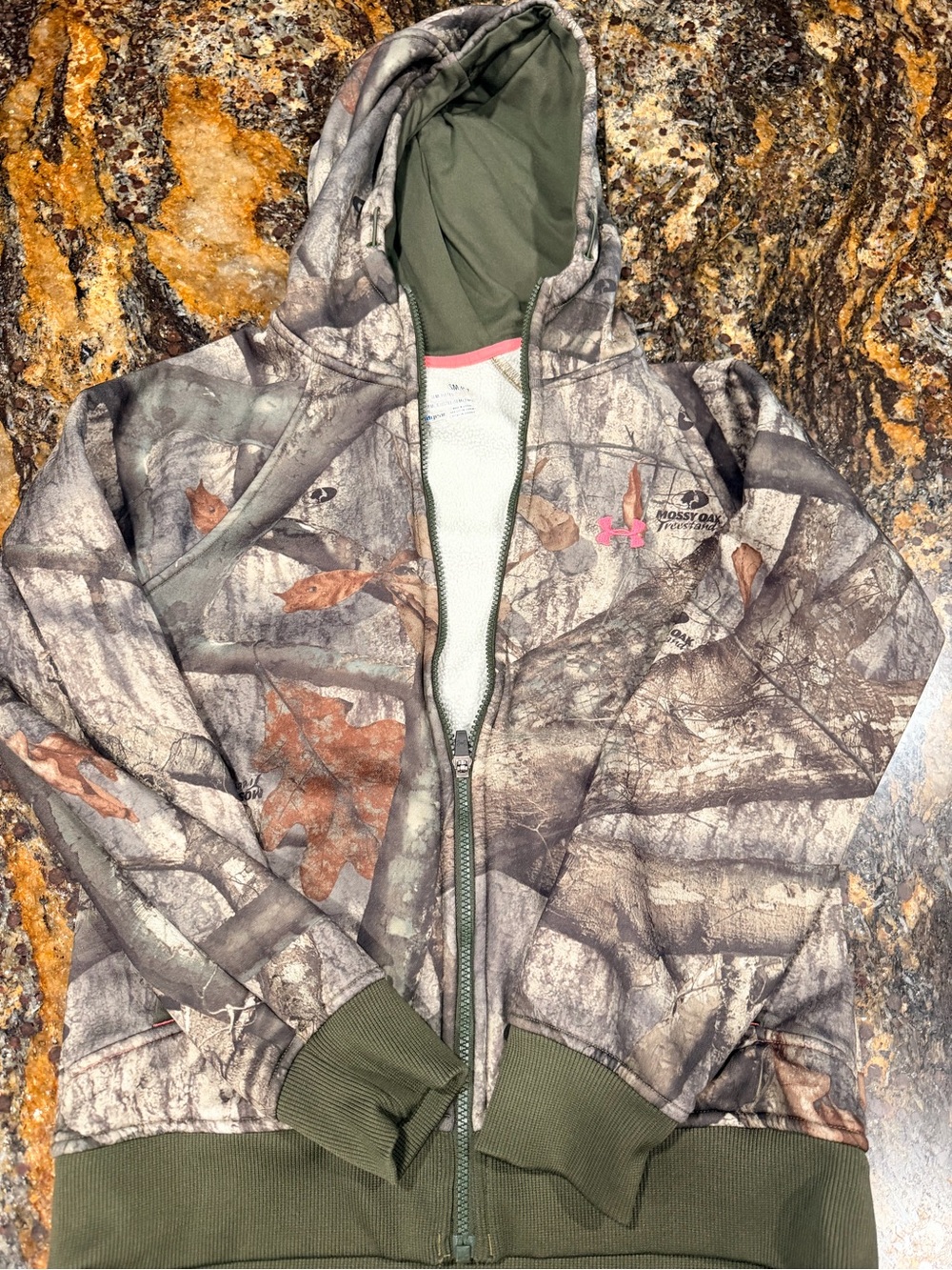Under Armour ' Camouflage Hooded  Jacket - Olive Green with Pink Logo